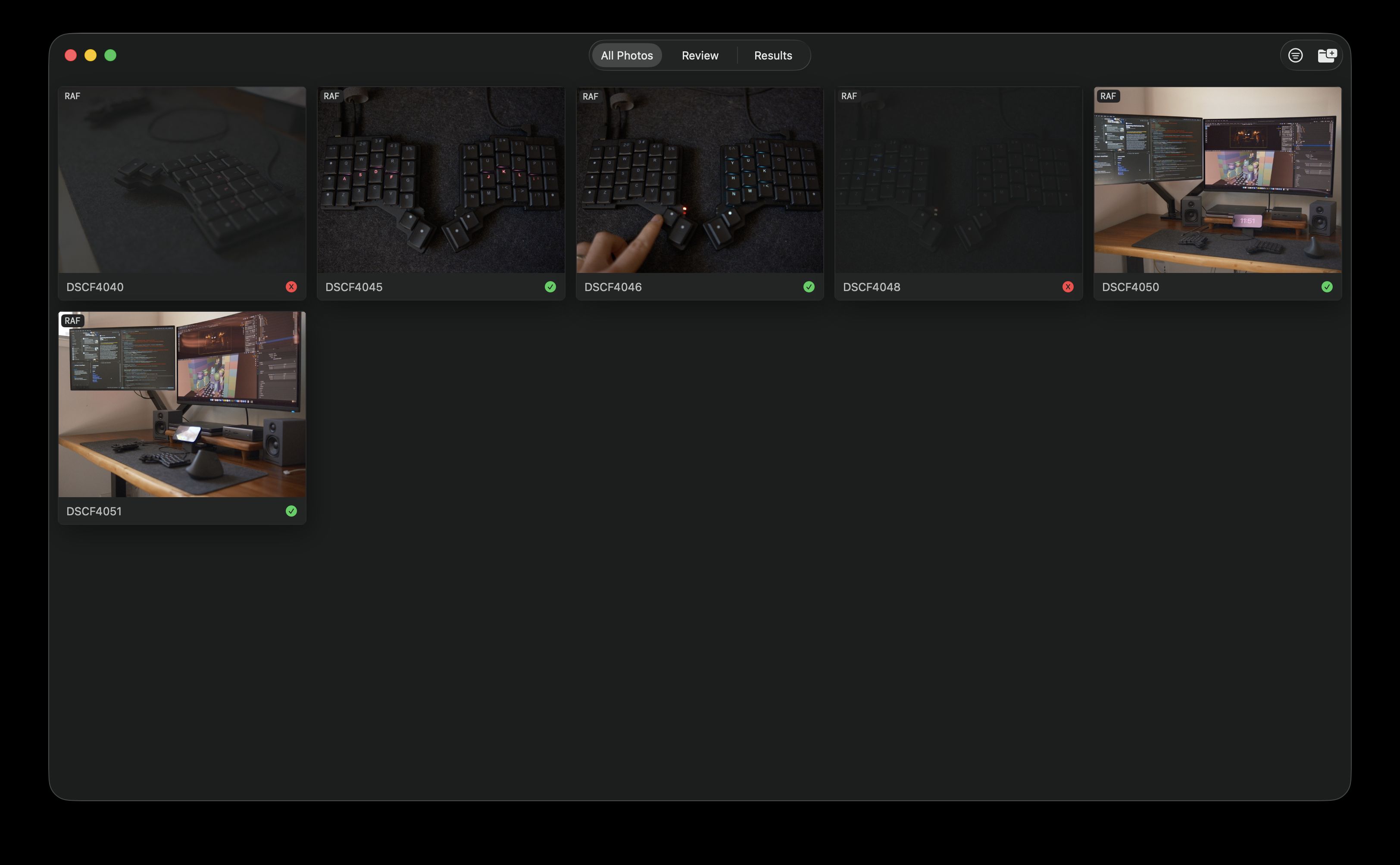 Screenshot of an early version of Jackson Hayes's Sift photo-review software