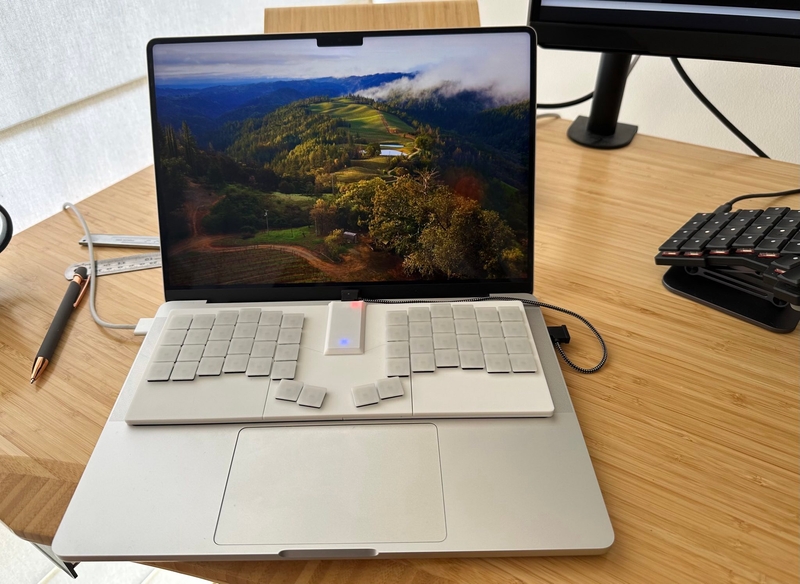 Sam Marrable's laptop with his bespoke flat keyboard on it