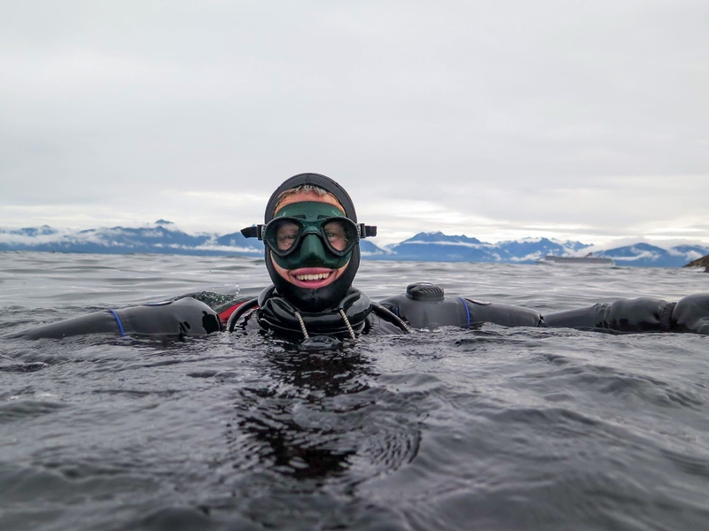 Robbie Christian diving in a drysuit in Alaska