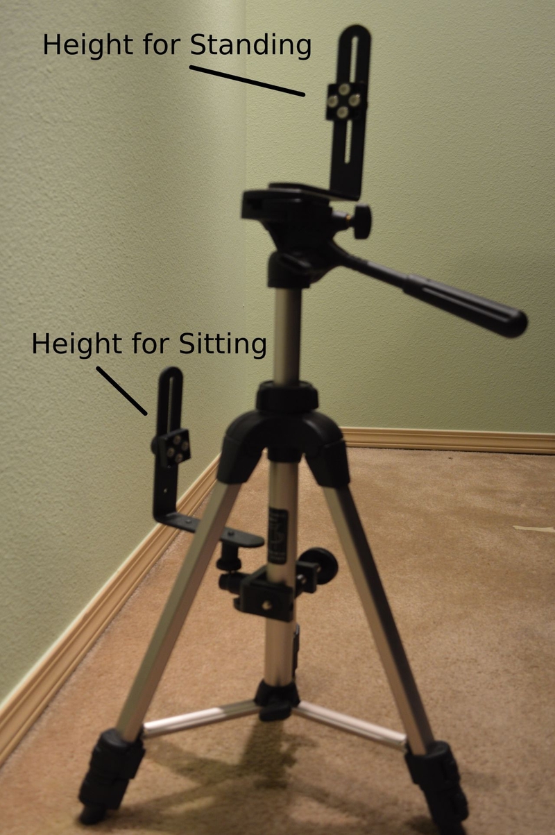 Cynthia Zujko's tripod mounts with heights for sitting and standing marked